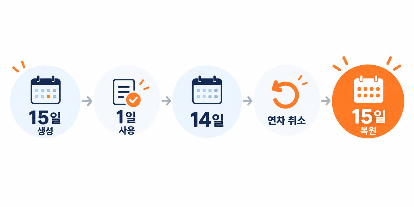 연차가 생성·사용·차감된 뒤 취소 시 복원되는 흐름을 숫자로 보여주는 설명 이미지