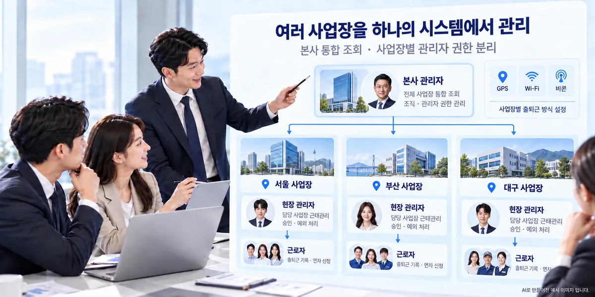 본사 관리자와 현장 관리자, 운영 담당자와 근로자를 연결하는 핀플 조직 운영 구조 설명 이미지